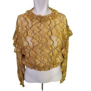 Zara Gold Boho Lace Ruffle Sheer Cropped Poet Sleeve Top sz M